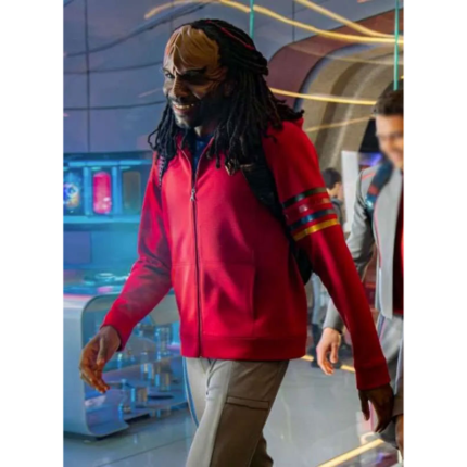 Karim Diane Starfleet Academy red hoodie with full sleeves, hooded collar, zipper closure, and ribbed cuffs
