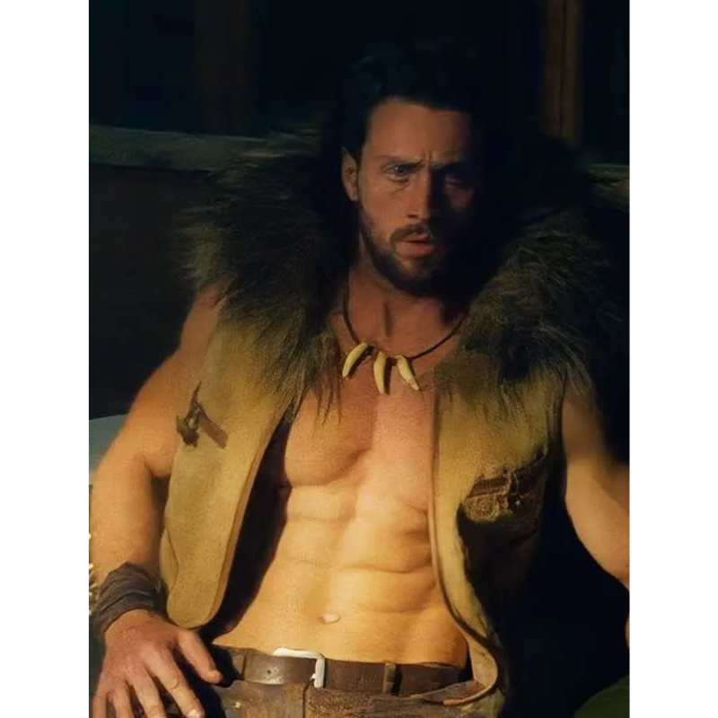 Kraven-the-Hunter-2024-Aaron-Taylor-Johnson-Brown-Fur-Leather-Vest Aaron Taylor-Johnson Kraven the Hunter Brown Fur Vest - Image 1