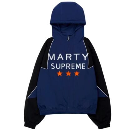 Front view of the blue Marty Supreme Jacket featuring a hooded nylon design, zipper closure, raglan sleeves, and signature chest print.