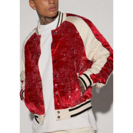 Red cream sequin jacket front view