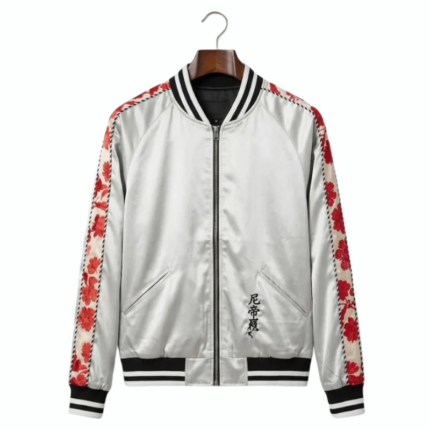 Off-white satin bomber jacket front view with red floral sleeve panels and striped rib-knit details Title: Off-White Satin Bomber Jacket Front