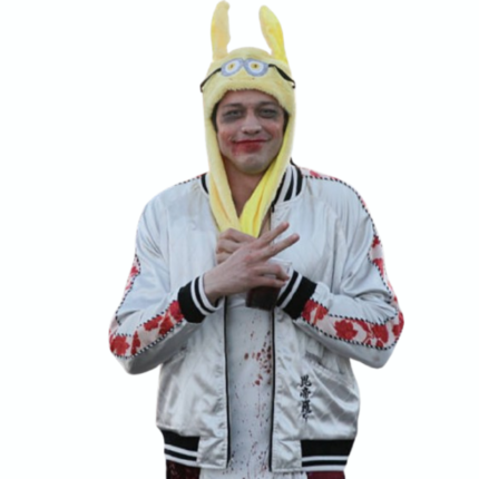 Off-white satin bomber jacket worn with red floral sleeve details and black striped rib-knit trim Title: White Satin Bomber Jacket Styling