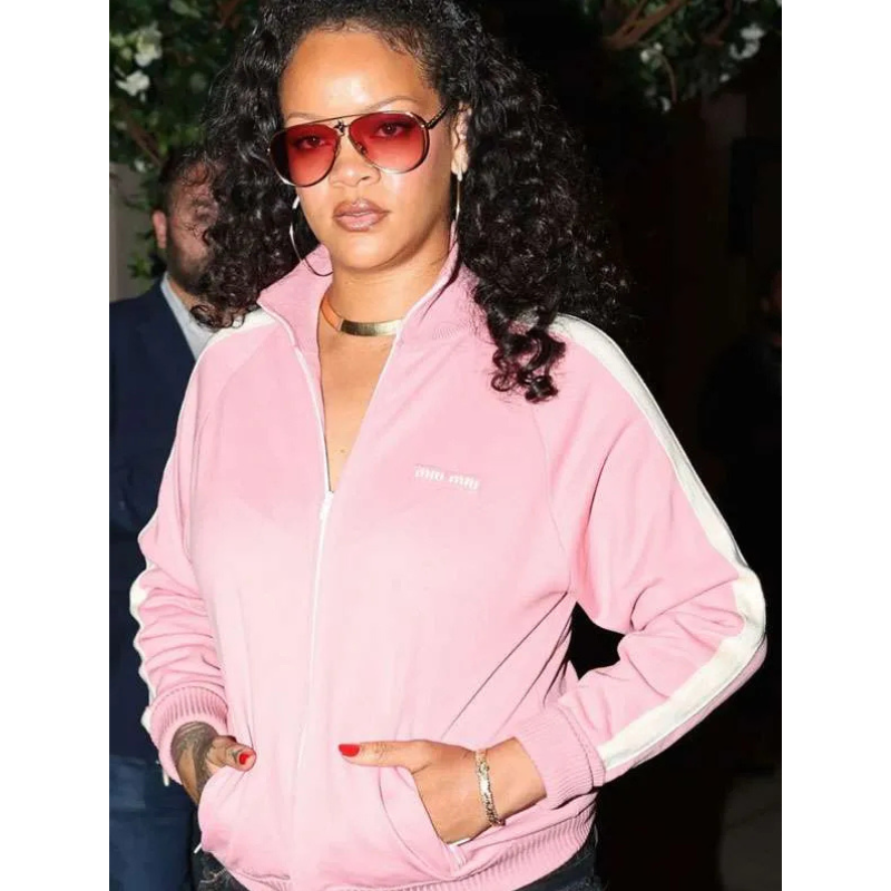 Rihanna-2026-Miu-Miu-Pink-Track-Jacket NYC 2026 Rihanna Pink Track Jacket - Image 1