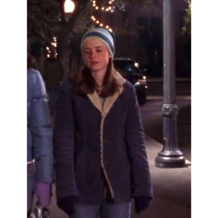 Rory Gilmore in a blue shearling jacket outdoors
