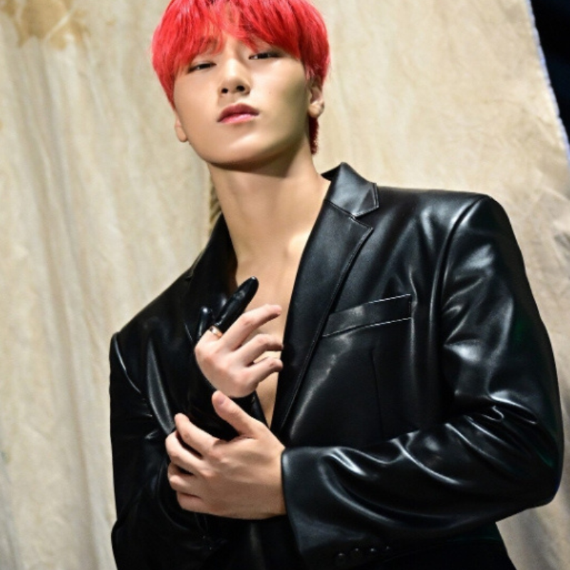 San-ATEEZ-Black-Faux-Leather-Blazer-Jacket-1 Black Faux Leather Blazer Jacket | San – ATEEZ - Image 1