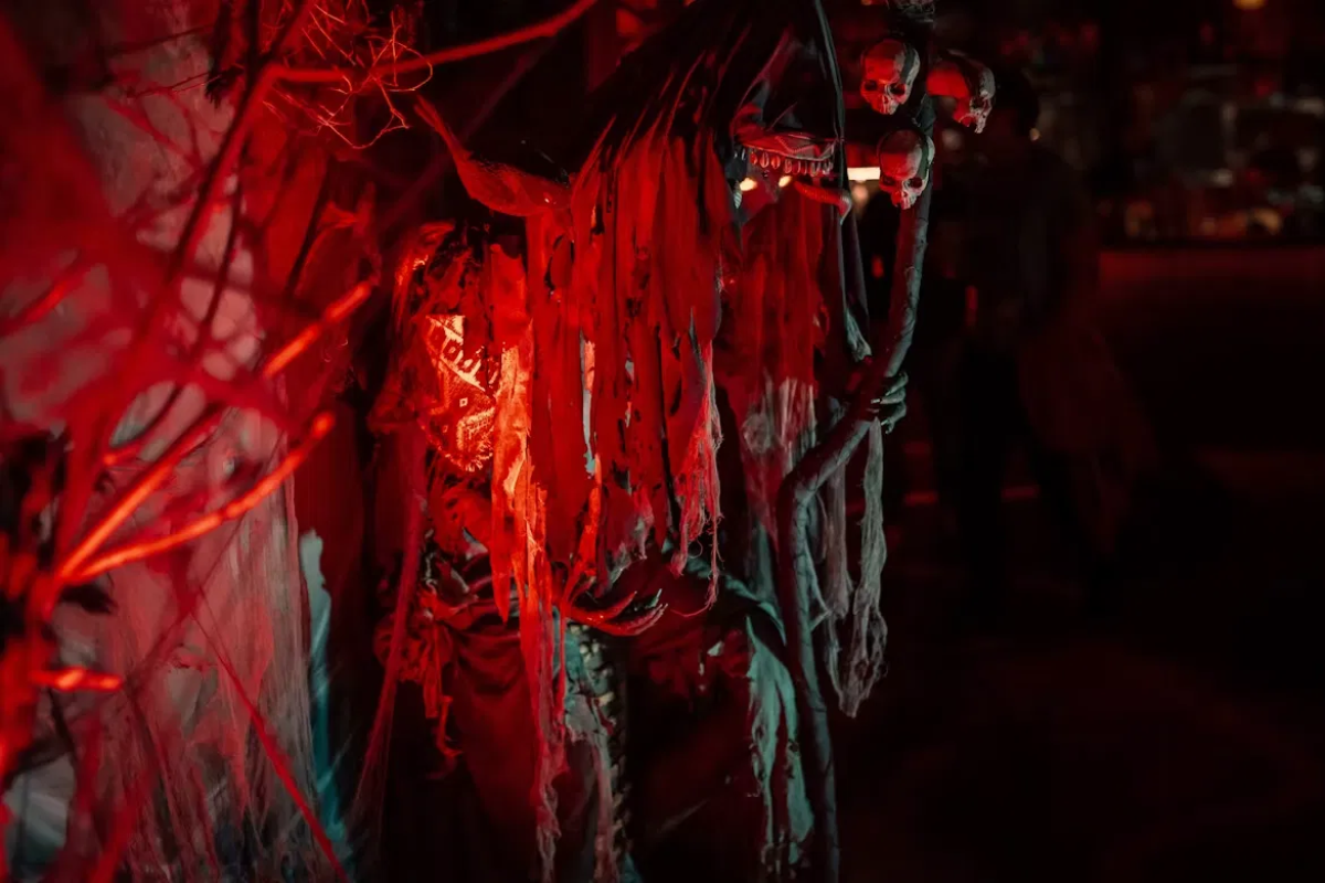 Spooky red lit Halloween decoration for scary movie trivia