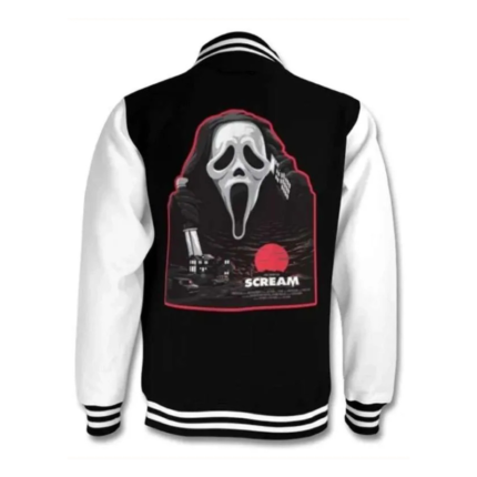 Ghostface varsity jacket back view in black and white with white leather sleeves and large Scream Ghostface graphic.