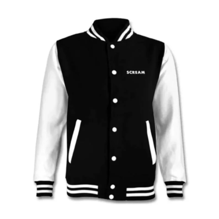 Scream Ghostface Varsity Jacket in black and white with fleece body, white leather sleeves, ribbed collar, button closure, and front graphic.