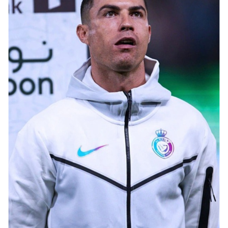 Shop-Cristiano-Ronaldo-Al-Nassr-Tech-White-Hooded-Jacket Al Nassr Tech Cristiano Ronaldo Hooded Jacket - Image 1