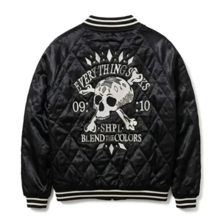 Black Skull and Crossbones Jacket back view with large skull graphic and quilted polyester design