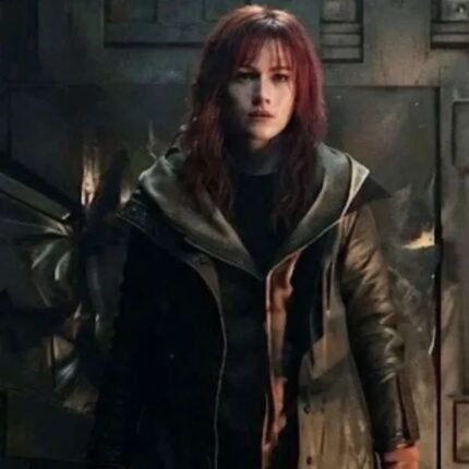 Full-length view of a Jean Grey-inspired black leather coat with a long structured silhouette.