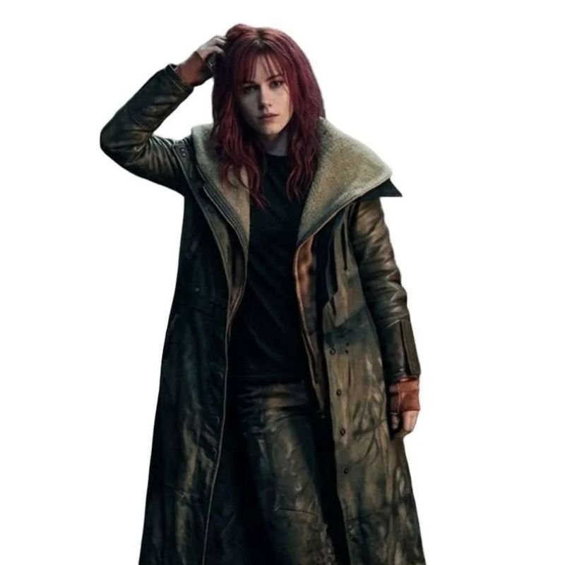 Spider-Man-Brand-New-Day-Jean-Grey-Leather-Coat Jean Grey-inspired black leather long coat shown from the front with a wide collar and full sleeves.