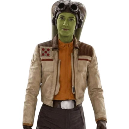Beige Hera Syndulla costume jacket with full sleeves, shirt collar, front zipper, chest pockets, and character-inspired detailing