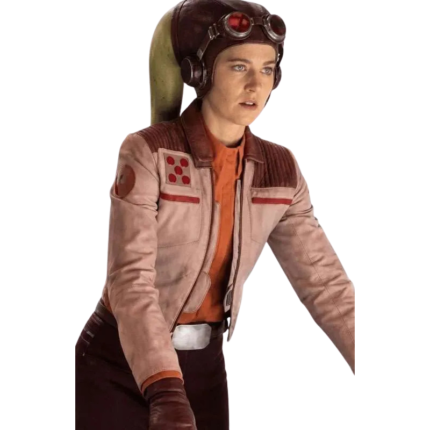 Close-up of beige Hera Syndulla jacket showing shirt collar, sleeve detail, chest pocket, and character-inspired shoulder design