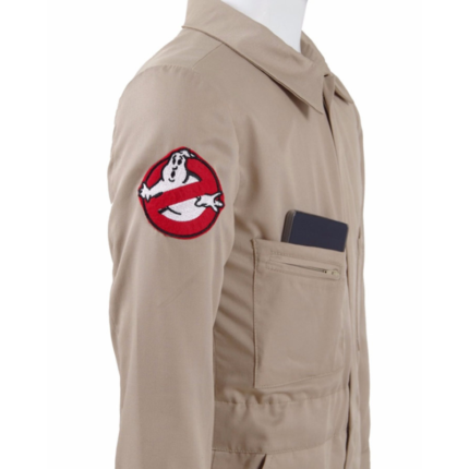 Beige Ghostbusters-inspired jumpsuit with chest pockets and sleeve patch