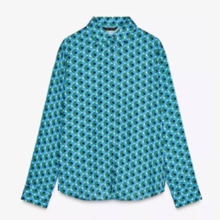 Chelsea Detective S04 blue green geometric print satin shirt front view
