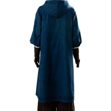 The Witcher Ciri Coat shown from the back in blue with a hooded collar and flowing design