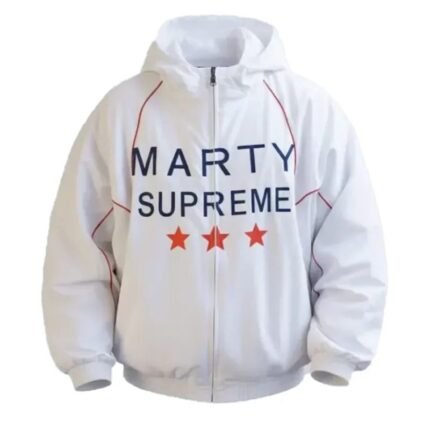 Front view of the Marty Supreme White Jacket featuring a hooded cotton-polyester design, front zipper closure, and elastic cuffs.