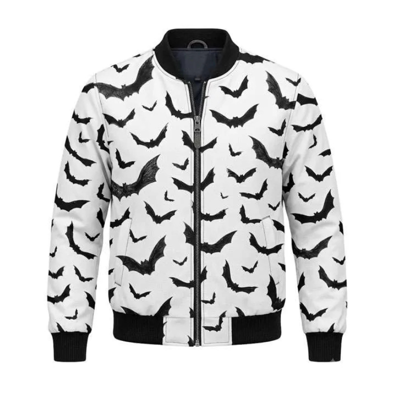 Unisex-White-Bat-Graphic-Bomber-Jacket Halloween Black Bats Bomber Jacket - Image 1