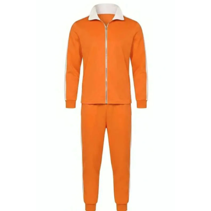 Orange tracksuit costume, front view, white collar and side stripes.