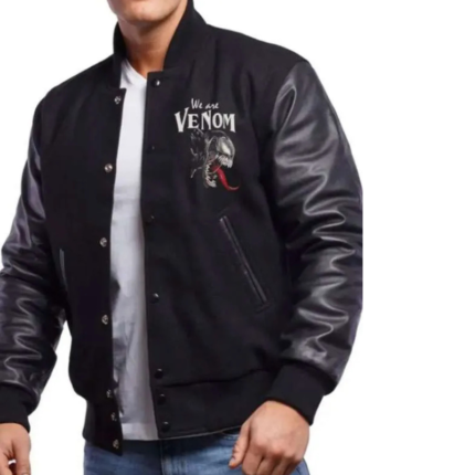 Venom Varsity Jacket in black with leather sleeves, button closure, ribbed cuffs and Venom graphic on the front