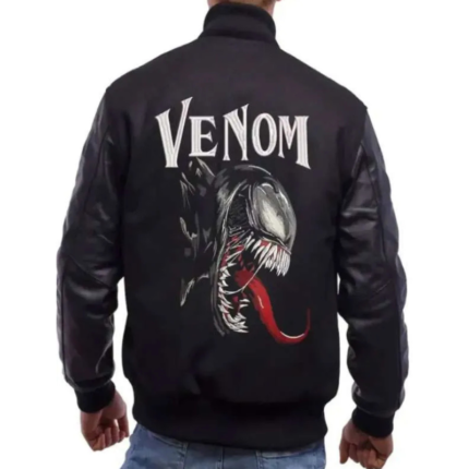 Back view of black Venom Varsity Jacket with leather sleeves and large Venom character graphic