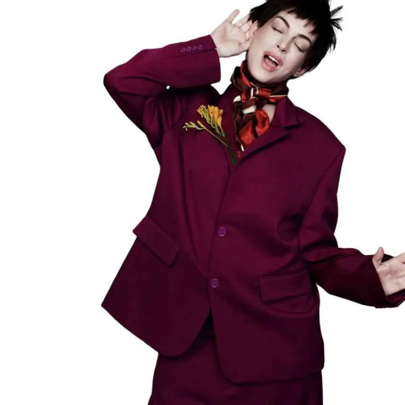 Vogue-China-2026-Anne-Hathaway-Burgundy-Suit Anne Hathaway 2026 Burgundy Suit - Image 1