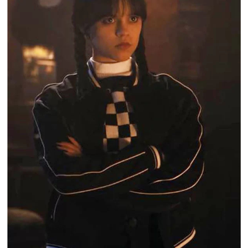 Wednesday-Jenna-Ortega-Black-Satin-Jacket-Black-Friday-Sale Wednesday Jenna Ortega Black Satin Jacket - Image 1