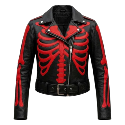 Women Skeleton Bones Jacket in black real leather with red rib cage bone graphics