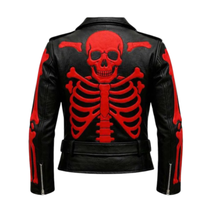 Women’s black leather skeleton jacket with large red skull and bone design on back