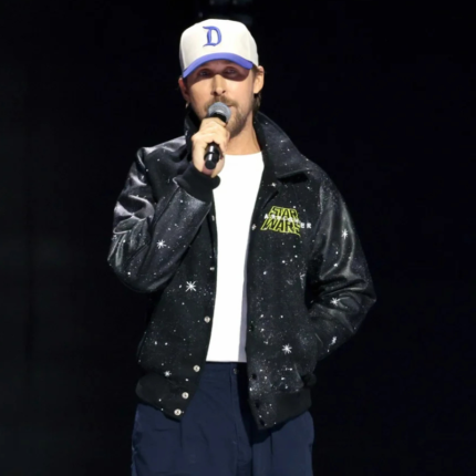 Ryan Gosling Star Wars Starfighter black jacket front view with star print and leather sleeves