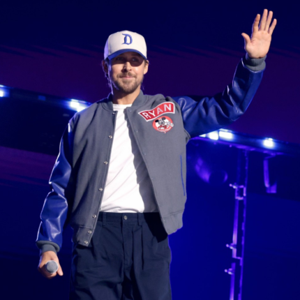 Ryan Gosling Starfighter Mickey Mouse jacket front with grey wool body and blue leather sleeves