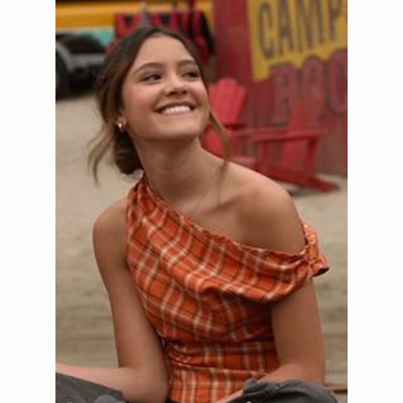 sage-camp-rock-3-orange-plaid-one-shoulder-top Sage Camp Rock 3 orange one shoulder top worn by Sage