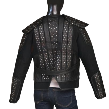 Back view of The Witcher black leather jacket with structured leather design