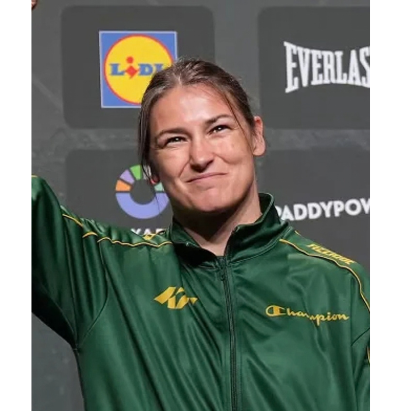 2026-Press-Conference-Katie-Taylor-Champion-Logo-Green-Track-Jacket-Front-Closeup Ceremonial Weigh-In Katie Taylor Green Jacket - Image 1