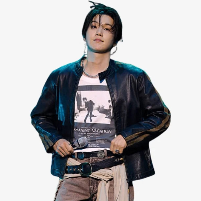 BTS-Suga-2026-iHeartRadio-Music-Festival-Black-Jacket BTS Suga wearing a black leather jacket with a graphic shirt at iHeartRadio Music Festival