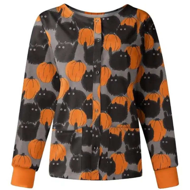 Black-Cats-with-Pumpkin-Halloween-Scrub-Jacket Black Cats with Pumpkin Halloween Scrub Jacket - Image 1