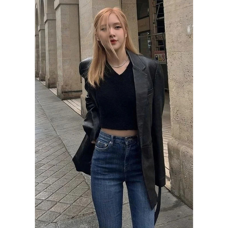 Black-Leather-Blazer-Blackpink-Rose Blackpink Rose Black Leather Blazer - Image 1