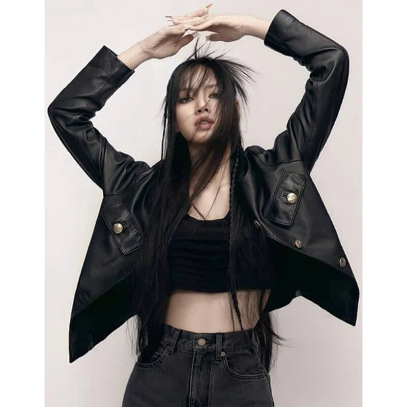 Blackpink-Lisa-Genuine-Leather-Jacket Blackpink Lisa Black Collarless Leather Jacket - Image 1