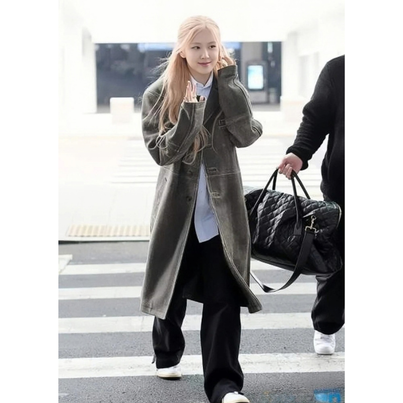 Blackpink-Rose-Airport-Fashion-Grey-Coat Blackpink Rose Distressed Oversized Leather Coat Women - Image 1