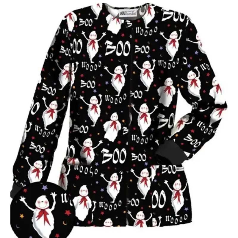 Boo-Wooo-Black-Halloween-Scrub-Jacket Boo Wooo Black Halloween Scrub Jacket - Image 1