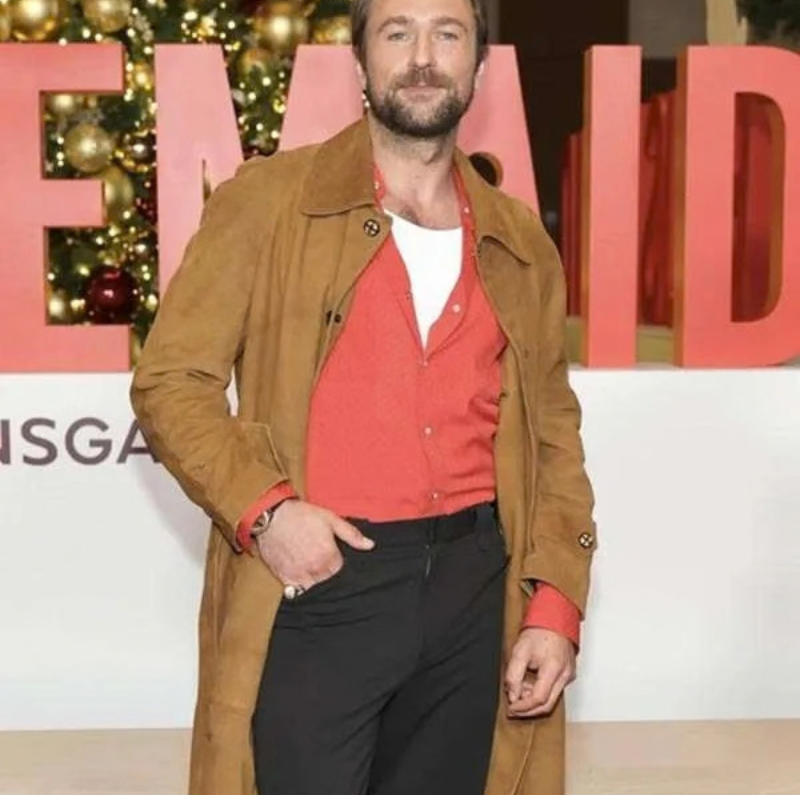 Brandon-Sklenar-The-Housemaid-New-York-Screening-Suede-Coat Brandon Sklenar The Housemaid New York Screening Brown Coat - Image 1
