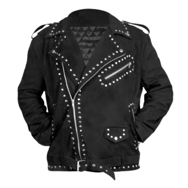 Buy-Mens-Black-Studded-Suede-Biker-Jacket-400x453 Men’s Black Studded Suede Biker Jacket - Image 1