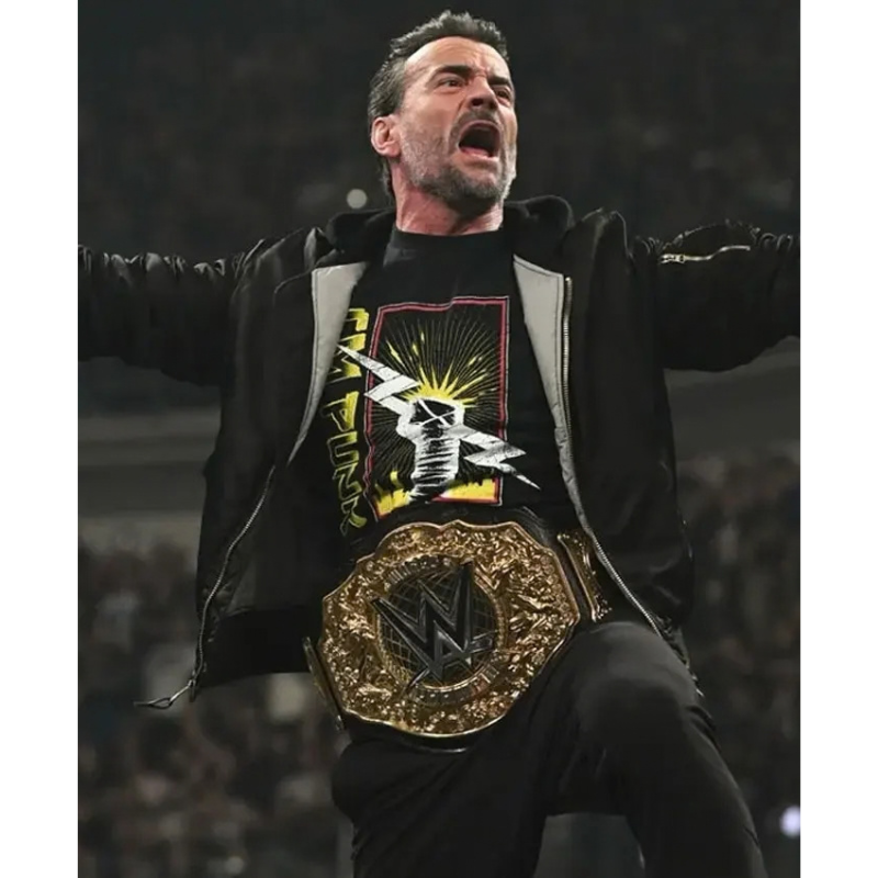 CM-Punk-Black-Hooded-Bomber-Jacket-Front CM Punk Black Hooded Bomber Jacket - Image 1