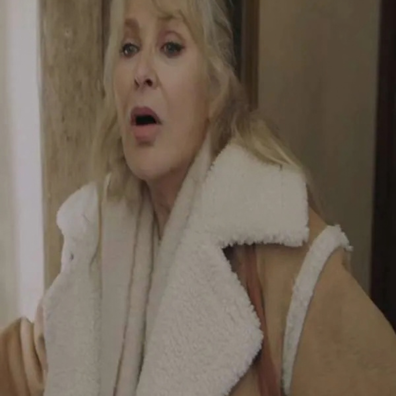 Carol-Royle-Christmas-at-Plumhill-Manor-Brown-Shearling-Jacket Carol Royle Christmas at Plumhill Manor Brown Shearling Jacket - Image 1