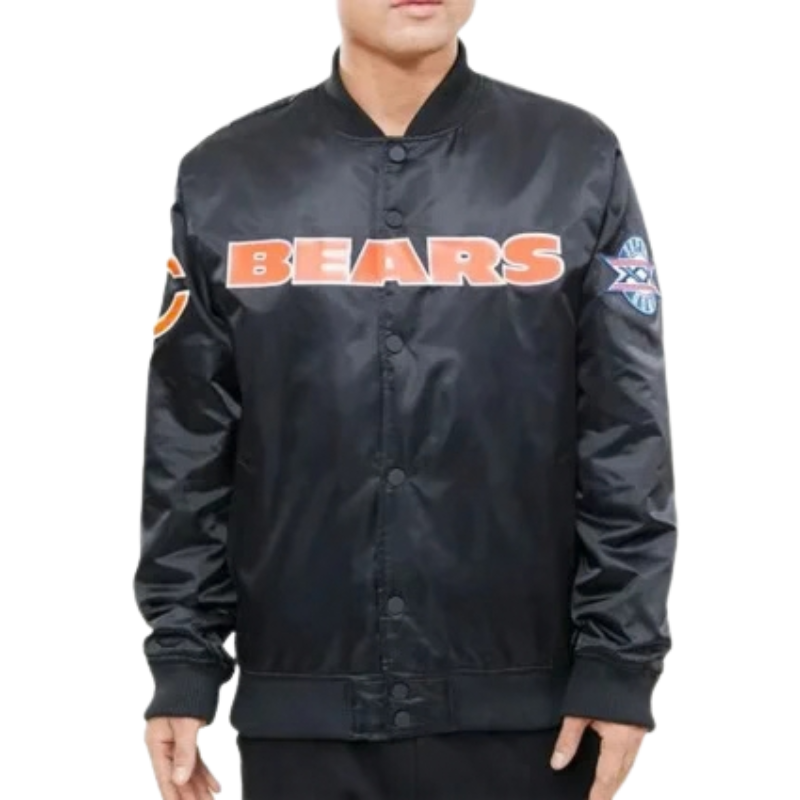 Chicago-Bears-Super-Bowl-XX-Black-Satin-Jacket-350x425 Chicago Bears Super Bowl XX Black Satin Jacket - Image 1