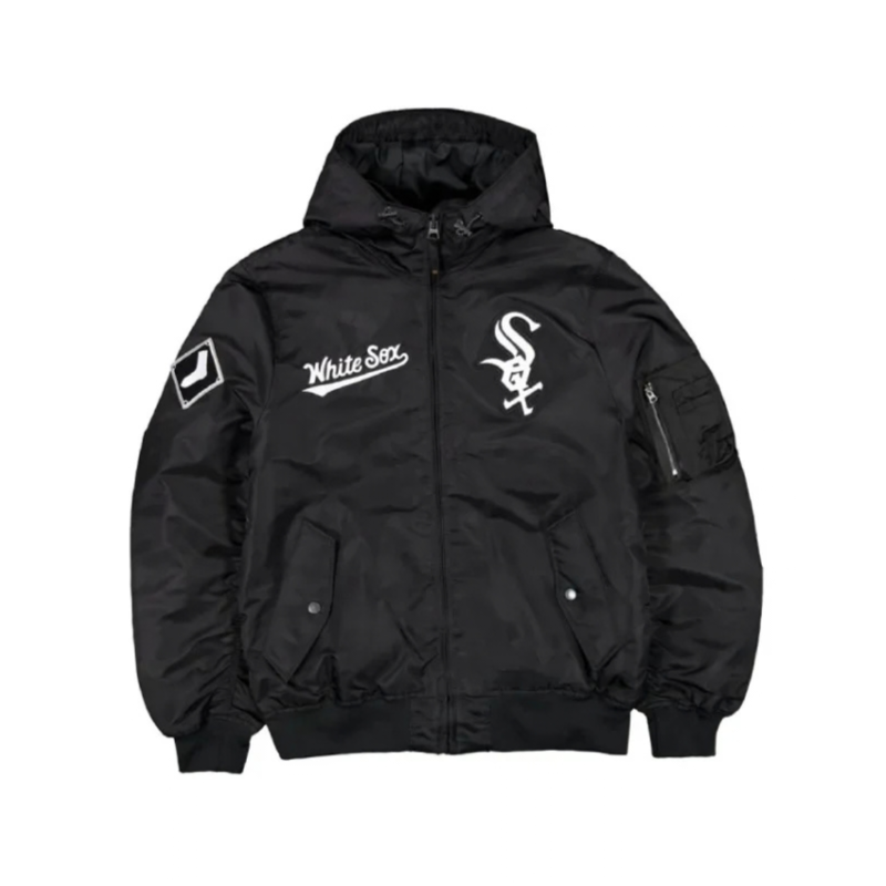 Chicago-White-Sox-Historic-L-2B-Full-Zip-Satin-Black-Jacket-329x400 (2) Chicago White Sox Historic L-2B Hooded Bomber Jacket - Image 1
