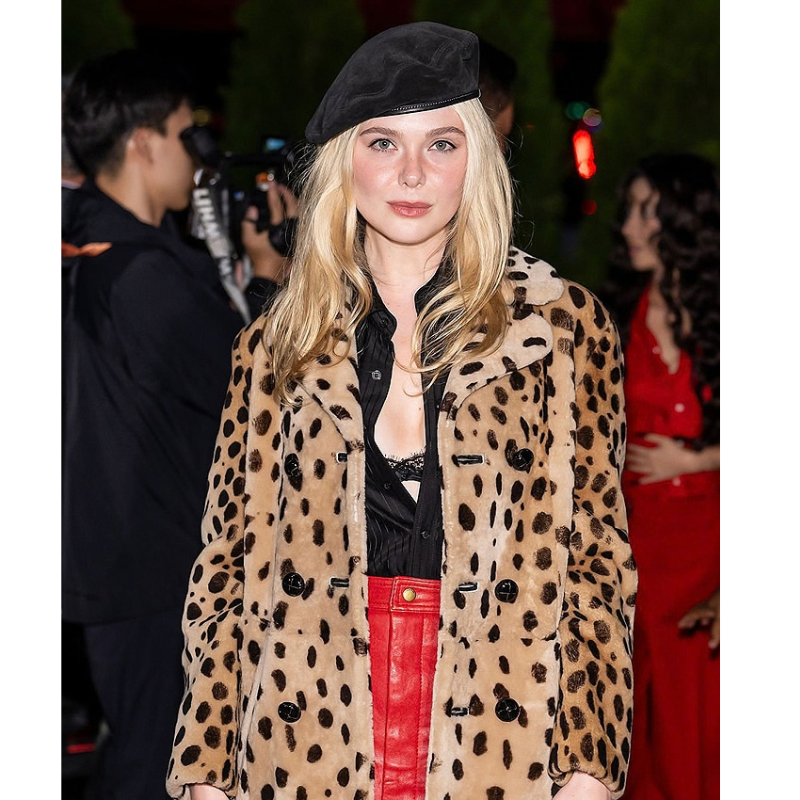 Coach-SpringSummer-2027-Fashion-Show-Elle-Fanning-Leopard-Print-Coat-Closeup Fashion Show Elle Fanning Leopard Print Coat - Image 1