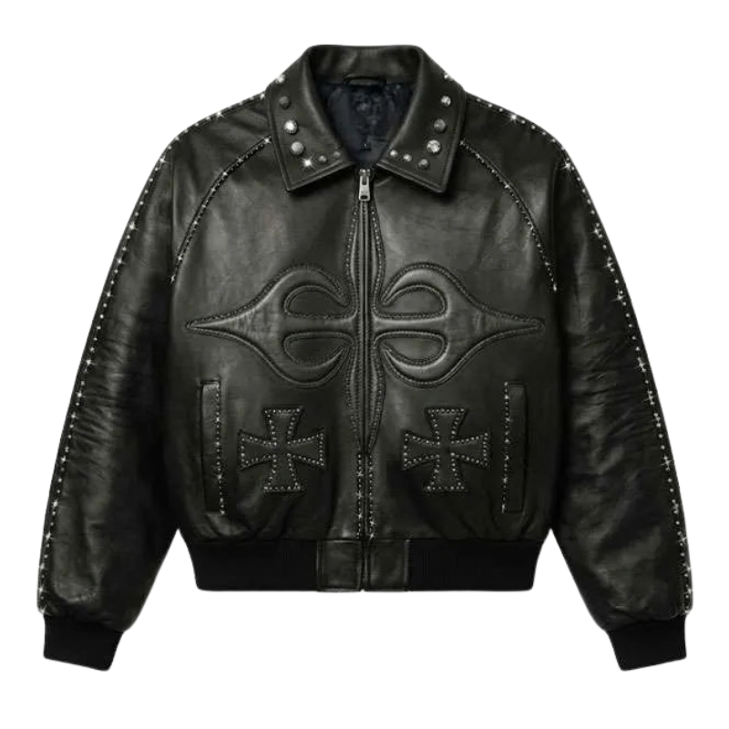 Cross-Graphic-Black-Leather-Jacket Cross Motif Black Leather Jacket - Image 1