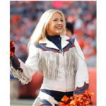 Denver Broncos Cheerleaders White Fringe Jacket